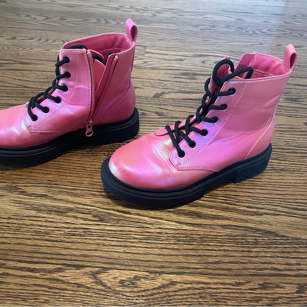 Pink Holographic Kids Combat Boots with Black Soles - Picture 2 of 3